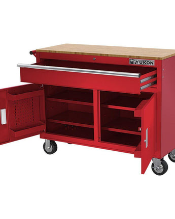 YUKON 46 in. Mobile Workbench with Solid Wood Top, Red