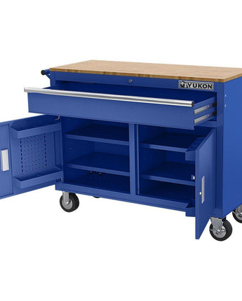 YUKON 46 in. Mobile Workbench with Solid Wood Top, Blue