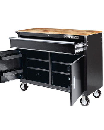 46 in. Mobile Workbench with Solid Wood Top - Black