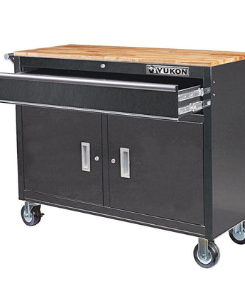 46 in. Mobile Workbench with Solid Wood Top - Black